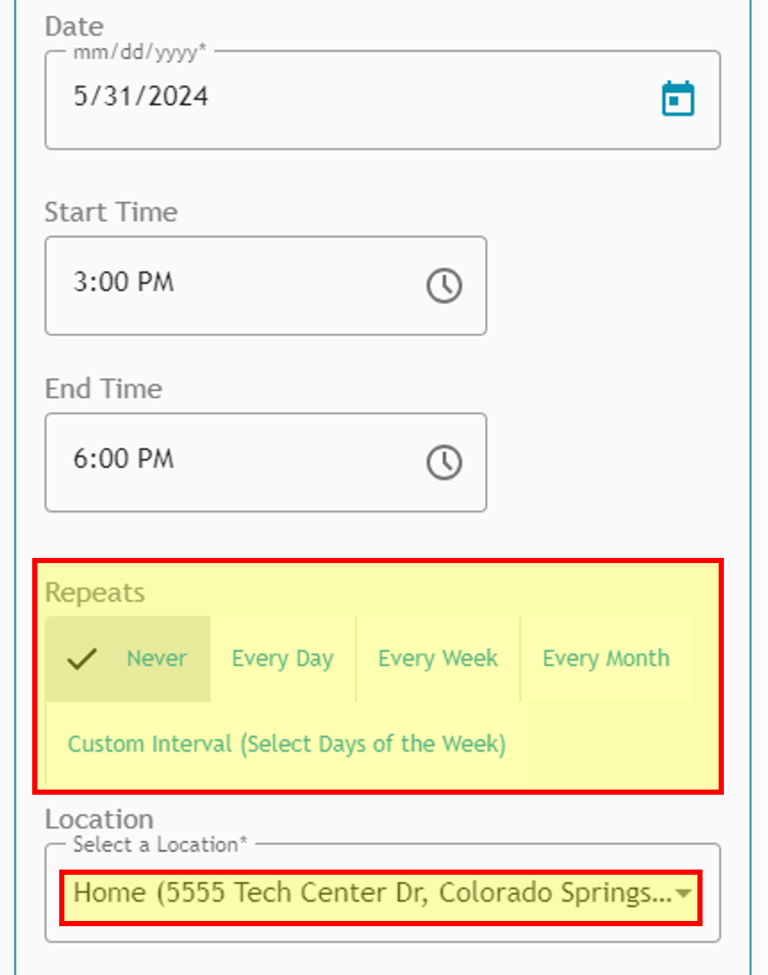 Athlete Connect repeats option of never highlighted with a location selection in an entry.