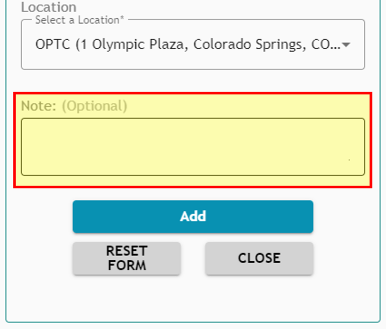 Athlete Connect training location note section screenshot.