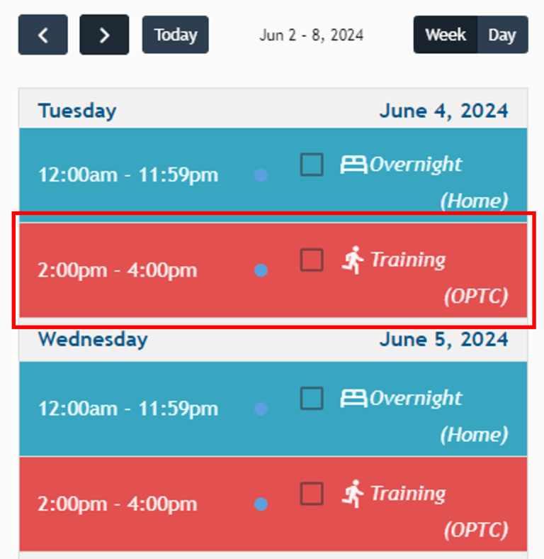 Athlete Connect training entries calendar view screenshot.