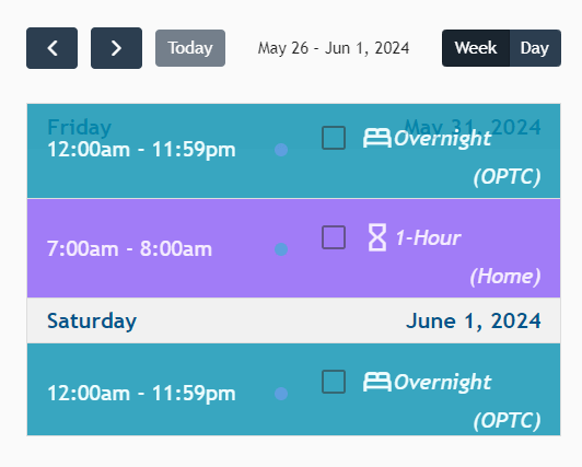 Athlete Connect calendar view of overnight and 1-hour screenshot.