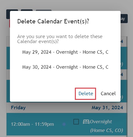 Athlete Connect delete calendar event screenshot.