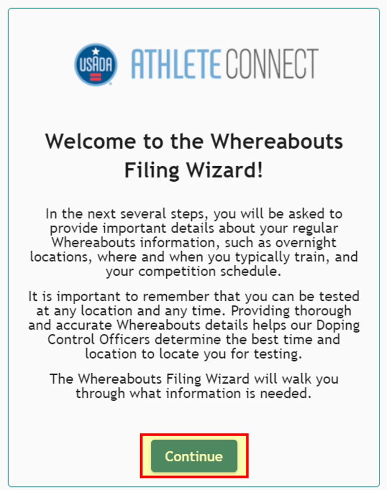 Athlete Connect welcome to the Whereabouts Filing Wizard screenshot.