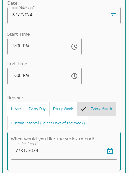 Athlete Connect "Repeats" option set to Every Month with an end date selected.