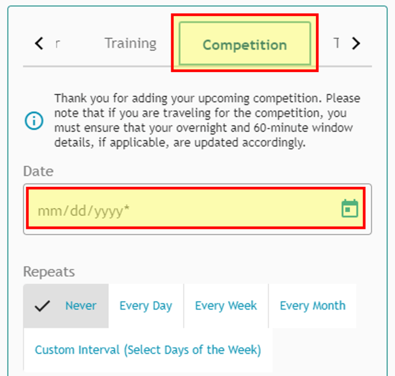 Athlete Connect competition tab and date highlighted screenshot.
