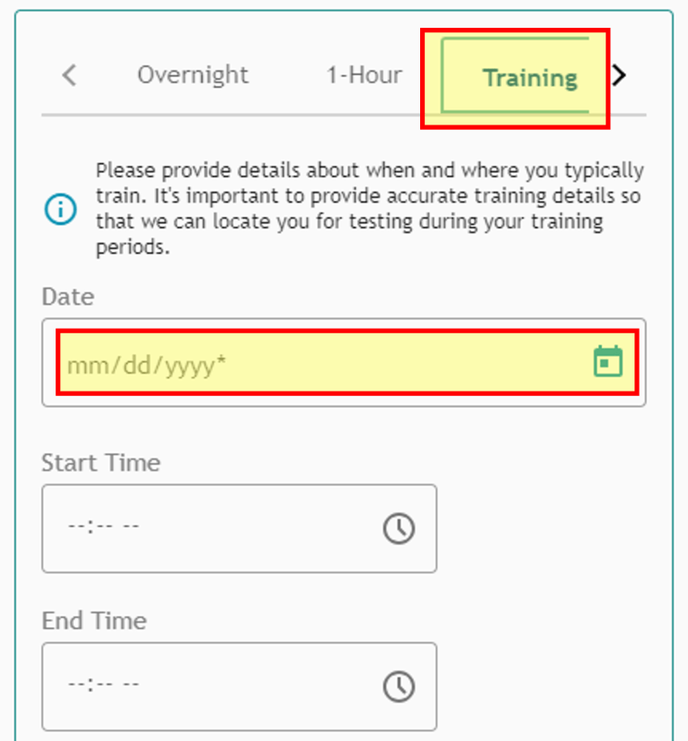 Athlete Connect training tab and date highlight screenshot.