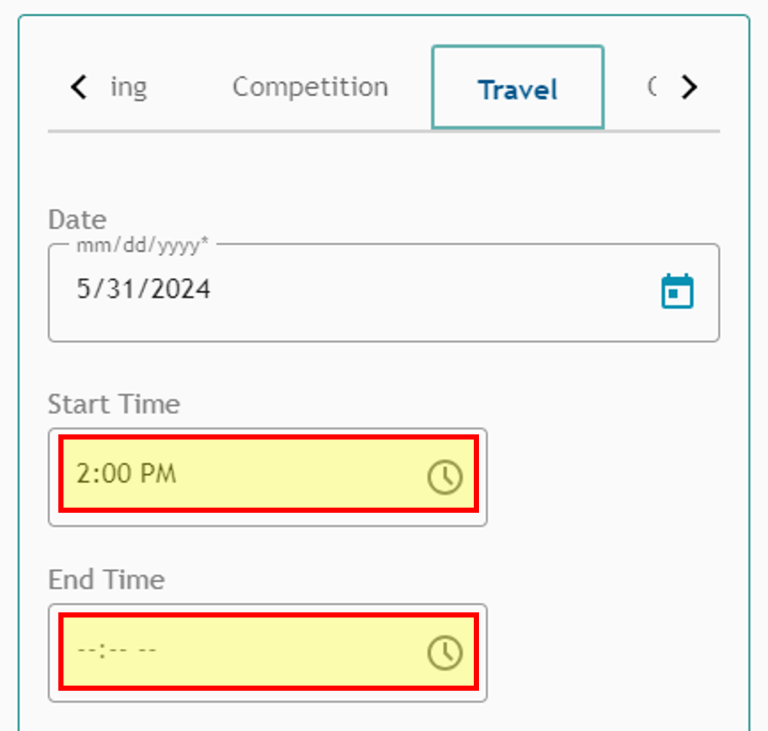 Athlete Connect travel start and end time highlight screenshot.