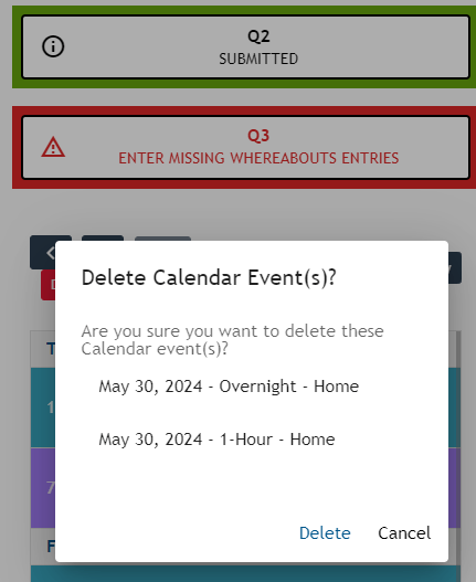 Athlete Connect confirm deletion of entry pop-up screenshot.