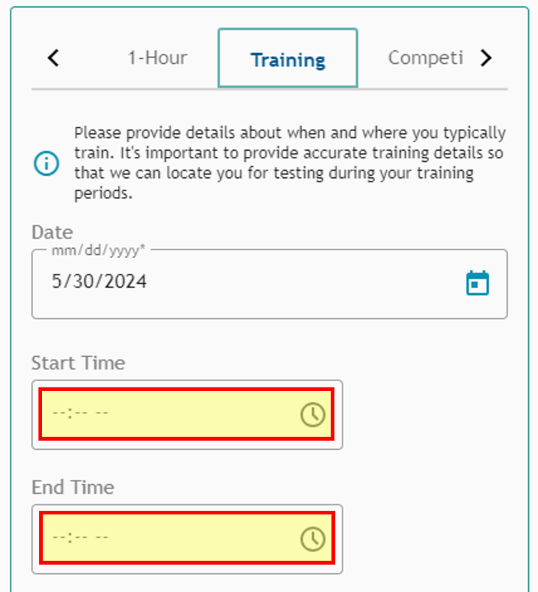 Athlete Connect training start and end time highlight screenshot.
