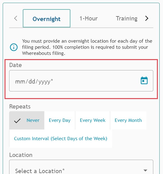 Athlete Connect overnight date field highlighted screenshot.