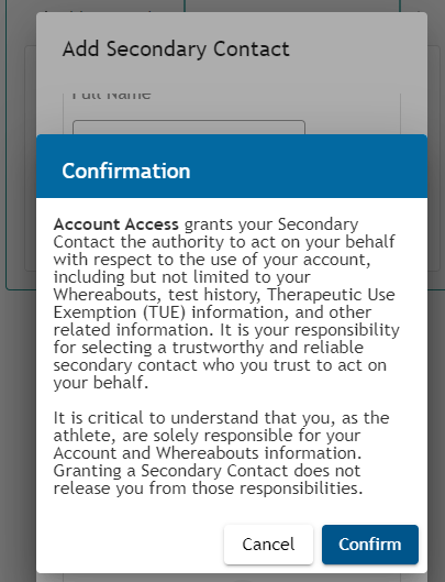 Athlete Connect seconddary contact account access confirmation.