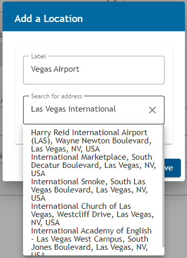 Athlete Connect add a location "Vegas Airport" screenshot.