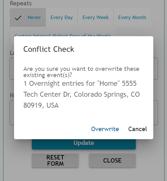 Athlete Connect conflict check for overnight entry screenshot.