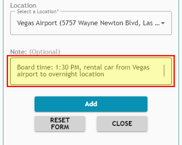 Athlete Connect new location note highlight screenshot featuring Vegas Airport details.