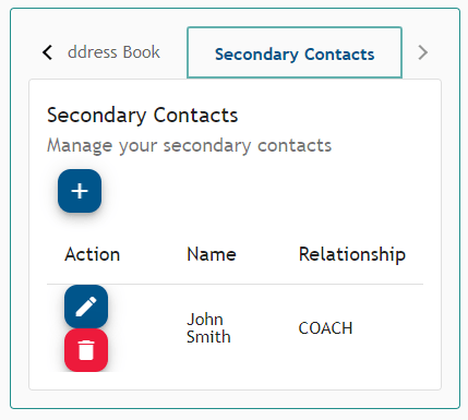 Athlete Connect view of secondary contacts.