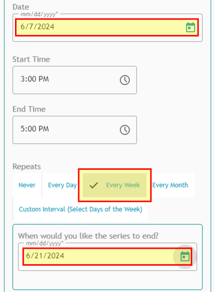 Athlete Connect "Repeats" option set to Every Week with an end date selected.