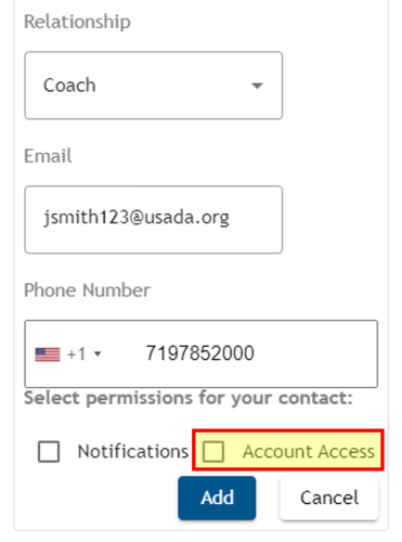 Athlete Connect "account access" button highlighted for a new secondary contact.