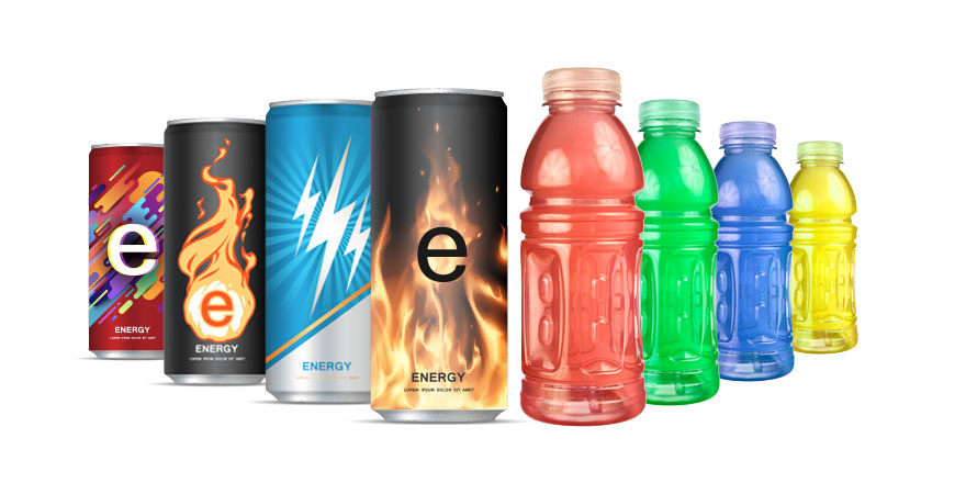 energy drink cans and sport drink bottles different colors